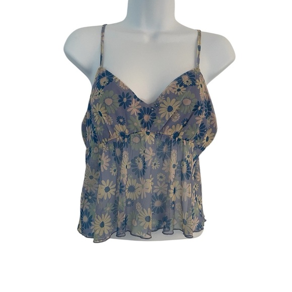 RSQ Womens Daisy Mesh size Large 
Cami  BLUE floral cropped sleeveless sheer top - Picture 4 of 7
